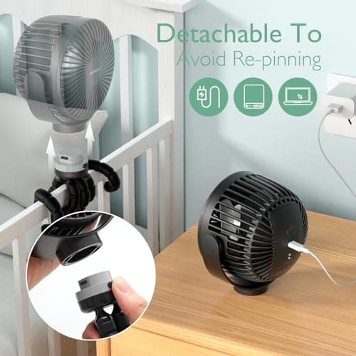 Momcozy 8000mAh Portable Stroller Fan | 27H Ultra-long Battery Life | Detachable 4 Speed 360°Rotate | 2 Modes LED Night Light, USB Rechargeable Handheld Cooling Fan for Travel, Car Seat, Bedroom — view 4
