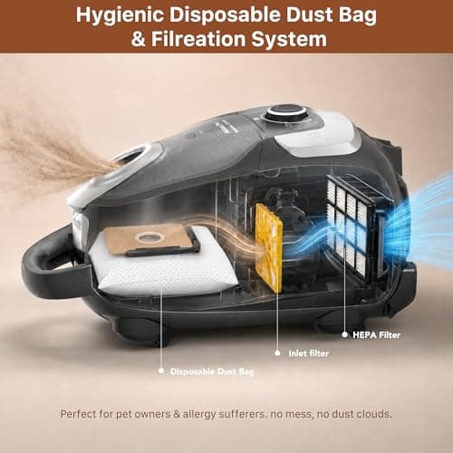 Akitas C11 Bagged Canister Vacuum Cleaner, Light Weight HEPA Filtration, 33ft Cleaning Radius with Retractable Cord, Ideal for Hard Floors & Low-Pile Carpet Extra Floor Brush — view 4