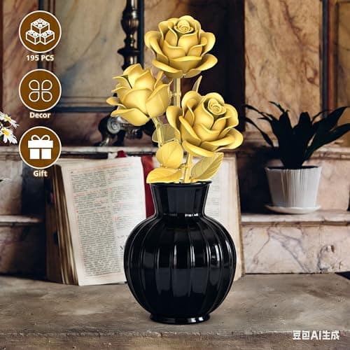 QIFUN Gold Roses Flower Building Set - 3 Roses Bouquet Botanical Building Blocks for Adult, Home Decor Romantic Anniversary Valentine's Day Gift for Her, Wife, Girlfriend, Mom — view 2
