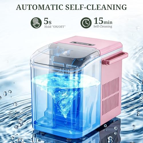 Ice Maker, Portable Ice Makers Countertop with Handle, Basket & Scoop, 26Lbs/24Hrs, 9 Bullet Ice Cubes in 6 Mins, 2 Ice Sizes, Self-Cleaning, Quiet Compact Ice Machine for Home Kitchen Party, Pink — view 4