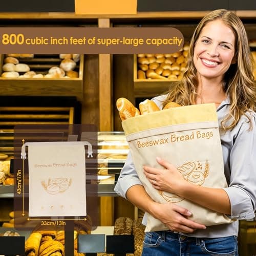 2-Pack Reusable Beeswax Bread Bags - Large 17x13 Inch for Sourdough & Homemade Bread Storage | All-Natural Beeswax Preservation, Eco-Friendly Cotton Food Bags - Easy to Clean & Daily Use