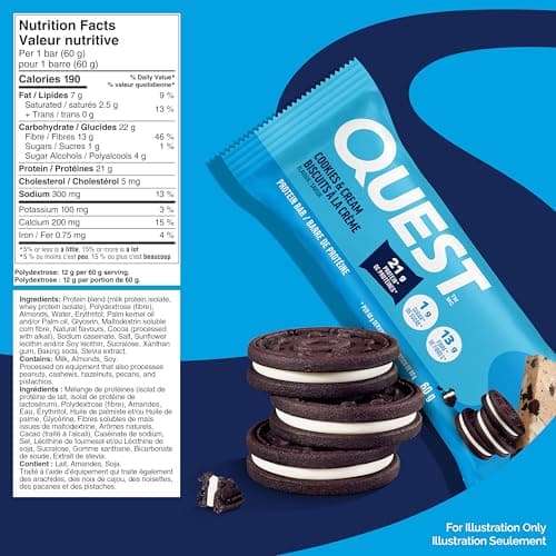 Quest Nutrition Cookies & Cream Flavour Protein Bar, High Protein, High Fibre, Low Sugar, Keto Friendly, 21g Protein, 1g Sugar, 12ct