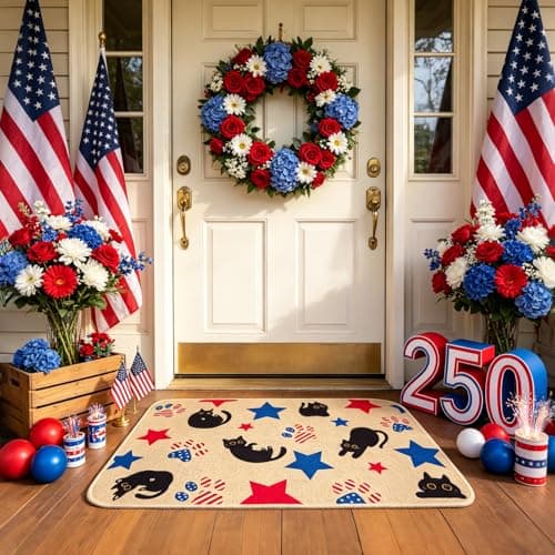 Zuicxlsy Patriotic Door Mat,4th of July Door Mat with Black Cat & Stars — view 2