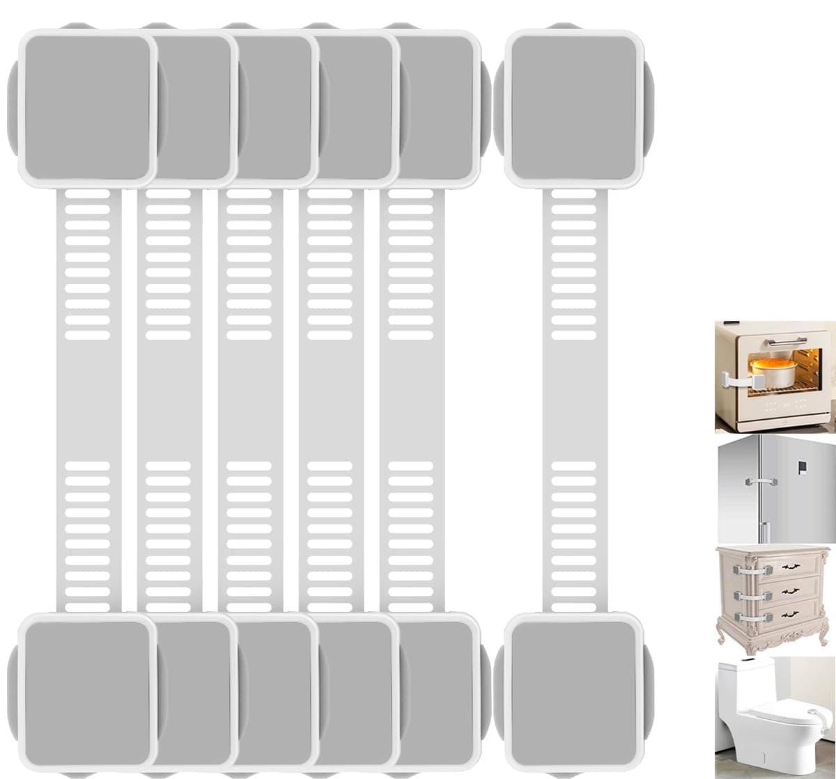 Paquete de 6 cerraduras de seguridad a prueba de bebés seguras para niños, para puertas de armarios, cajones, frigoríficos, horno, lavavajillas, asiento de inodoro y tapa, cierres y correas ajustables