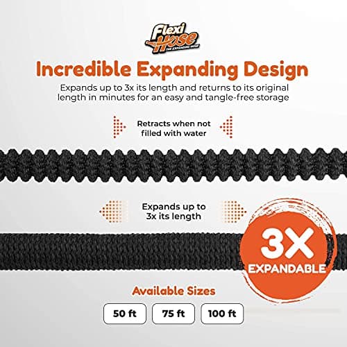 Flexi Hose Plus with 8 Function Nozzle Expandable Garden Hose, Lightweight & No-Kink Flexible Garden Hose, 3/4 inch Solid Brass Fittings and Double Latex Core, 50 ft Black