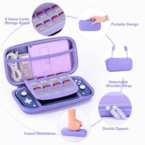 innoAura Switch Lite Case 18-in-1 Accessories Bundle for NS Switch Lite (2019), with Protective Carrying Case, Game Holder, Screen Protector & Cute Thumb Grips, Purple — view 2