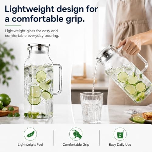 SYDALARAW 2 Liter Glass Pitcher with Lid and Handle, 68 oz Square Borosilicate Water Jug for Fridge, Wide Mouth Carafe with Strainer for Iced Tea, Juice, Milk, Hot or Cold Drinks