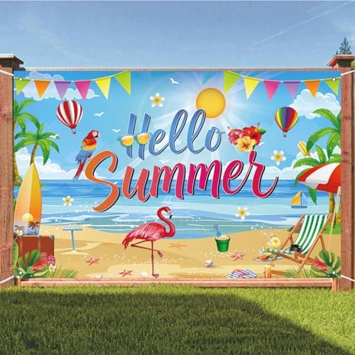 Hello Summer Backdrop, Tropical Beach Party Decorations Banner for Pool Party, Hawaiian Luau Birthday, Summer Photo Booth Background, 71 x 43 Inch — view 4