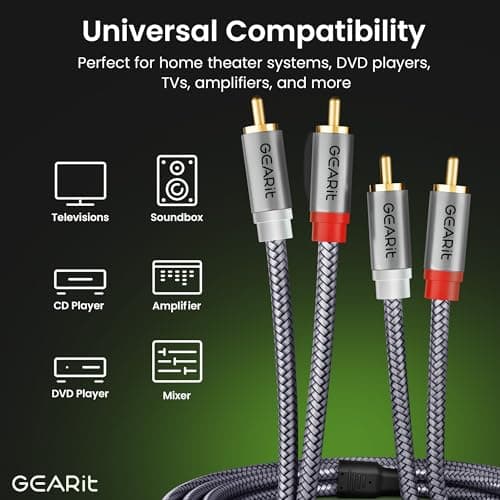 GEARit RCA Cables 1ft OFC, RCA Cables Car Audio with Dual Shielding & Gold-Plated Connectors, RCA Cable for Subwoofer Cable, Hi-Fi System, Amplifier, Active Speakers, Gaming Consoles — view 3