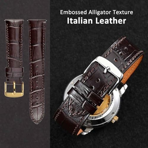 WOCCI 18mm Watch Band, Italian Leather, Embossed Alligator Grain, Gold Buckle (Dark Brown)