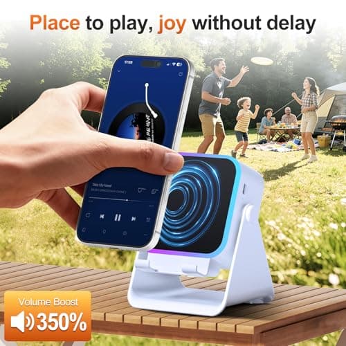 BOLONMI Wireless Bluetooth Induction Speaker, Phone Speaker Amplifier with Colorful Lights & 3500mAh Battery, Portable Phone Stand Compatible with iPhone/iPad/Android/Samsung - White