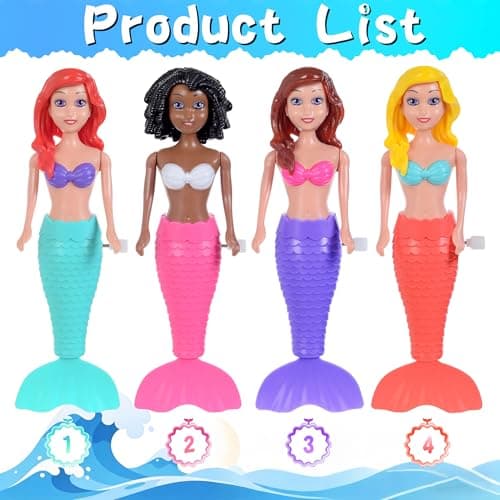 ebuddy 4-Pack Wind-Up Mermaid Bath Toys for Kids -Toddler Bath Toys for Kids Moving Tail Priness Doll Diverse Hair Colors & Styles Mermaids, Swimming Pool Party Favors