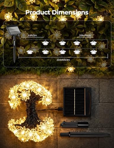 Brightown 50 LED Warm White Solar Flower String Lights Outdoor, IP65 Waterproof Fairy Lights, 8 Modes Solar Christmas Lights Outdoor for Garden Fence Yard Lawn Tree Wedding Party — view 5
