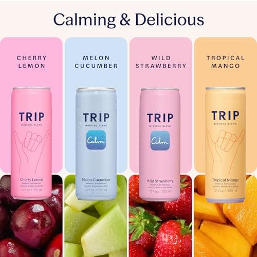 Trip Mindful Blend, Lightly Sparkling Adaptogen Seltzer, Mocktail w/ 120mg Magnesium Citrate with Ashwagandha, Lions Mane & L Theanine, No Added Sugar, Vegan, Tropical Fruits Variety Pack, 12 Oz, 12Pk — view 3