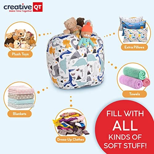 Creative QT Stuff ’n Sit Extra Large 38’’ Bean Bag Storage Cover for Stuffed Animals & Toys, Giant Beanbag Chair for Kids Ages 3-14, Bedroom Organizer, Grey/White Striped