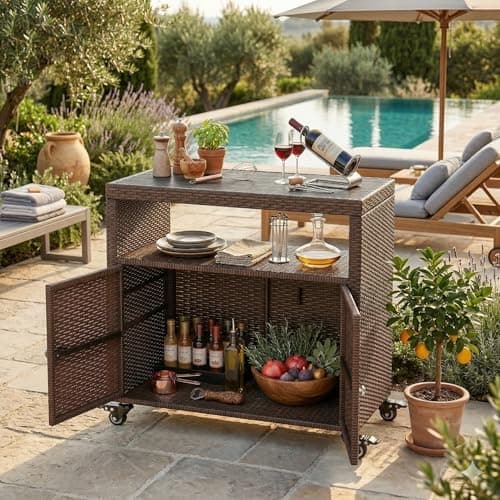 SONGBATE Outdoor Storage Cabinet with Wheels, Patio Sideboard Buffet Cabinet with Metal Slatted Countertop, 2-Door Wicker Sideboard, Outdoor Bar for Patio Garden Backyard Poolside, Mix Brown