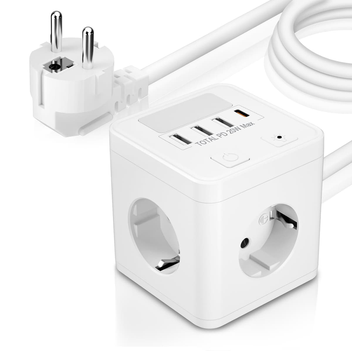 Ladron Enchufes USB C 20W con 4 Tomas, Cubo Regleta Enchufes 1.5 Cable con 1 USB C y 3 USB A, Enchufe Múltiple con Interruptor y luz Nocturna para Viajes, Cocina, Oficina