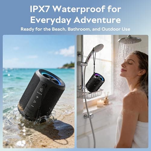 DUDGSIS Portable Bluetooth Speaker, IPX7 Waterproof Wireless Speaker with 20W Loud Stereo Sound, 15H Playtime & Beat-Synced RGB Light, Small Outdoor Speaker for Shower, Pool, Beach, Hiking and Gifts — view 5