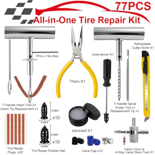 SBGGRL 77Pcs Tire Plug Kit, Heavy Duty Tire Repair with Rubber Nails, Screw Plugs, T-Handle, Professional Fix a Flat Puncture Patch Tools Kit for Car, Motorcycle, Truck, UTV, ATV & Lawn Mower Tubeless