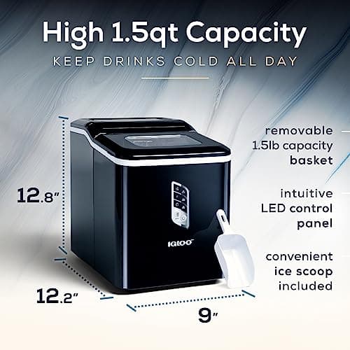 Igloo Handled Portable Ice Maker with Scoop - Ice Maker with LED Control Panel & 1 Quart Water Tank - Ice Cube Maker Produces 26 Lbs. of Ice in 24 Hours with 9 Large or Small Cubes In 7 Minutes- Black