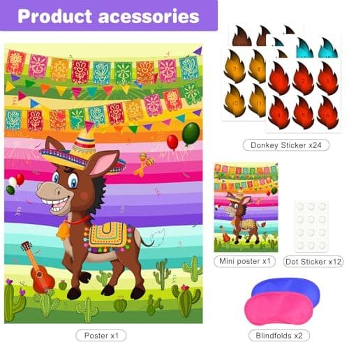 ASTARON Pin The Tail on The Donkey Mexican Donkey Game for Cinco De Mayo Party, Mexican Party Fiesta Themed Party, Kids Birthday Supplies