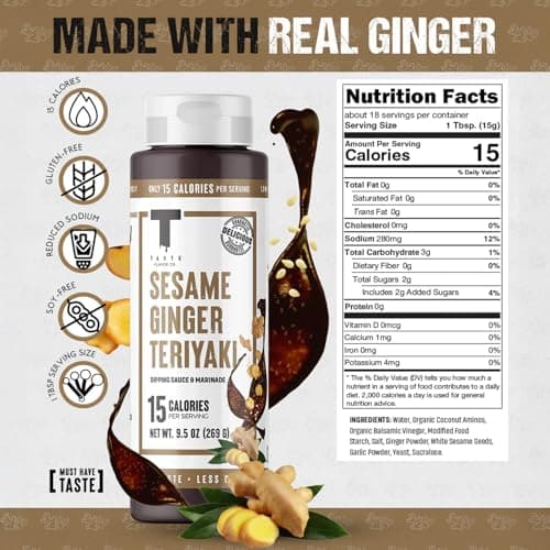 Taste Flavor Co. Sesame Ginger Teriyaki Sauce - Keto-Friendly, Gluten-Free Wing & Stir-Fry Sauce & Marinade, Low-Calorie Asian-Inspired Glaze, All-Natural, No Preservatives, 9.5 oz Bottle