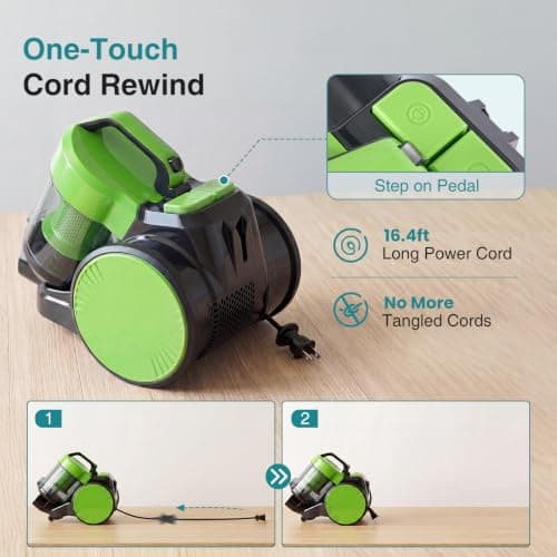 OLIXIS Canister Vacuum Cleaner for Home, Lightweight Portable Vacuum Cleaners with Automatic Retractable Cord, Bagless Canister with Washable HEPA Filter for Hardwood Floor & Carpet, Green — view 2
