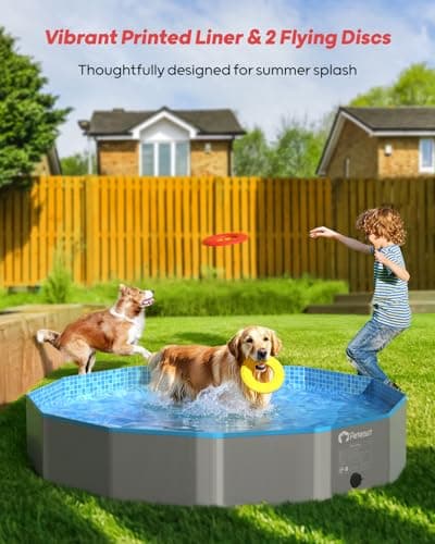 Peteast Foldable Dog Pool with 2 Flying Disks, Durable Hard Plastic Dog Swimming Pools for Large Dogs, Collapsible Pet Pool for Backyard & Indoor, Ideal Kiddie Pools for Dogs and Kids, 32 in