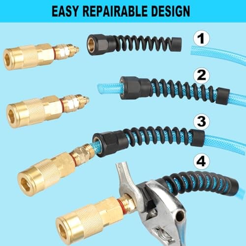 Keepro Polyurethane Recoil Air Hose, 1/4 Inch ID By 25 Feet Long Air Compressor Hose with Repairable Solid Brass 1/4" Industrial Quick Coupler and Plug, 145 PSI Maximum Pressure, Blue — view 3