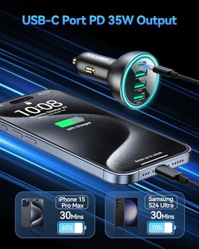 Rocoren 4-Port 55W Car Charger, PD3.0 QC3.0 Super Fast Charging USB C Car Charger for Multiple Devices, Cigarette Lighter Adapter for iPhone 17/16/15/14 Series, iPad Pro, Samsung S25/S24 Ultra, Pixel