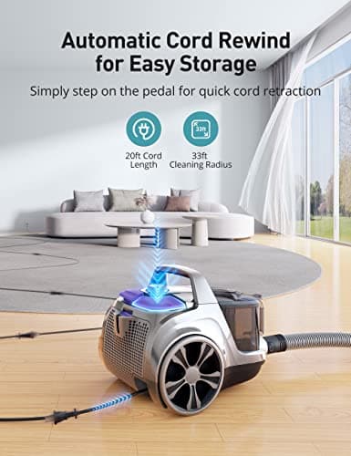 Aspiron Canister Vacuum Cleaner, 40Kpa Bagless Vacuum Cleaners, 4QT Large Dust Cup, Double HEPA Filter, Retractable Cord, 1600W Lightweight Vacuum Cleaner with 5 Tools for Hard Floors, Pearl — view 4