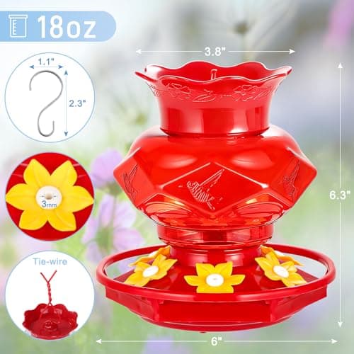 Hummingbird Feeders for Outdoors Hanging Ant and Bee Proof, 18OZ Diamond Humming Bird Feeders for Outside Circular Perch with Leak Proof & 6 Feeding Ports, Gifts for Women, Red 2 Pack Plastic — view 4