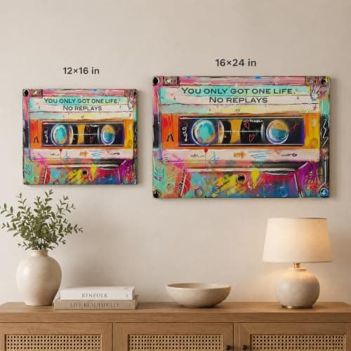 Retro Cassette Tape Canvas Wall Art, You Only Got One Life No Replays Graffiti Wall Decor, Vintage 80s 90s Music Framed Artwork for Living Room Bedroom Home Decoration 12x16 Inch — view 5