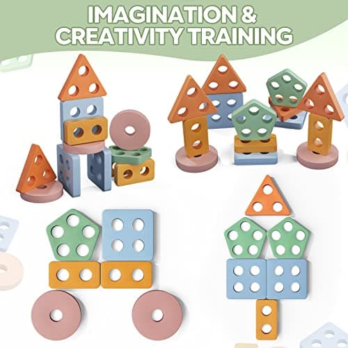 PEBIRA Montessori Toys for 1 2 Year Old, Wooden Sorting and Stacking Toys for Toddlers, Baby Shape Sorter and Color Stacker Blocks for Toddler, Preschool Learning Toy, Gift for 12-18 Month Boys Girls — view 3