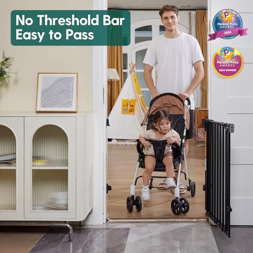 Babelio 26-43" Auto Close Baby/Dog Gate for Stairs, 2-in-1 Easy Swing Doorway and Hallway Pet Gate, with Extra-Wide Walk Thru Door and Threshold-Free Design, Black