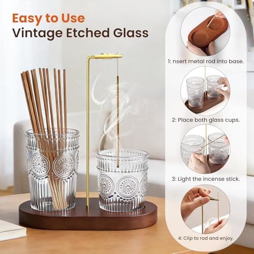 2 in 1 Incense Holder for Sticks, Vintage Glass Upside Down Incense Burner with Removable Ash Catcher & Solid Wood Base, Anti-Ash Flying Catcher for Meditation, Yoga, Spa & Home Decor- Brown — view 3