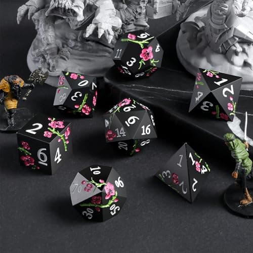 Silver Metal DND Dice Set, 7PCS D&D Metal Dice with Metal Case for Dungeons and Dragons, Shadowrun, Pathfinder, Savage World and Table Games (Matte Black with Pink Flower)