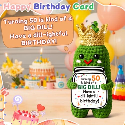 MAMAGIFTREE 50th Birthday Gifts Card for Women Men Him Her -Have a Dill-ightful Birthday! Handmade Crochet Crown Pickle, 50 Year Old Bday Gift for Mom Dad Friend Sister Wife Husband — view 3