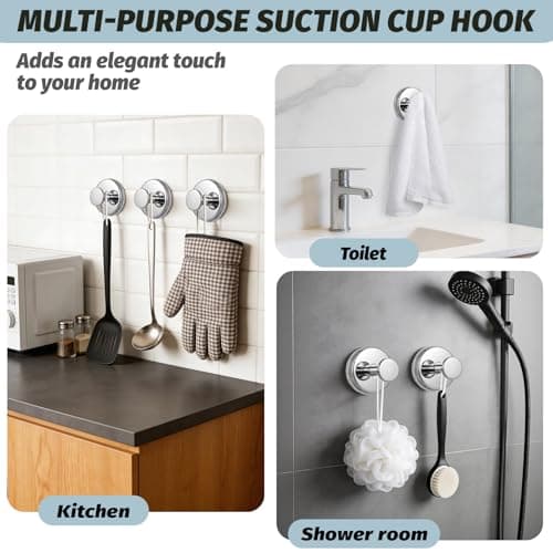 warlve Large 15lb Suction Cup Hooks for Shower, No-Drill Bathroom Towel Hooks for Robes, Loofah, Removable Mountable on Glass, Tile, Mirrors, Smooth Non-Porous Surfaces(2, Chrome Polished) — view 4
