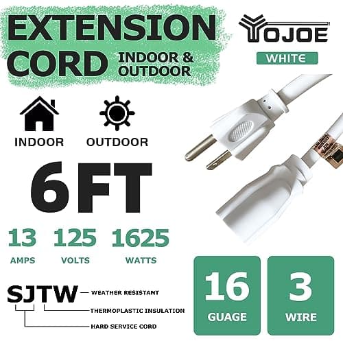 YOJOE Indoor Outdoor Extension Cord, 3 Prong 13A Weatherproof Power Cord, 16 Gauge Heavy Duty 6 ft White Extension Cord for Garage, Garden and Home, 16/3 SJTW UL Listed