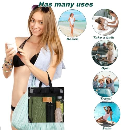 KALIONE Mesh Shower Caddy Bag, Portable Gym Shower Bag, Quick Dry Hanging Toiletry and Bath Organizer with Zipper for College Dorm, Gym, Yoga, Swimming Pool, Travel(Black) — view 3