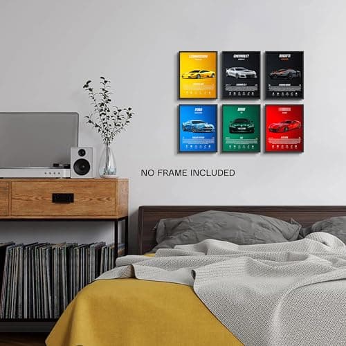 HTTART Car Posters Wall Art Set of 6, Colorful Supercar Canvas Wall Decor Paintings, Vintage Race Car Aesthetic Prints Pictures for Boys Room Men Room Bedroom Dorm 8x10Inch Unframed