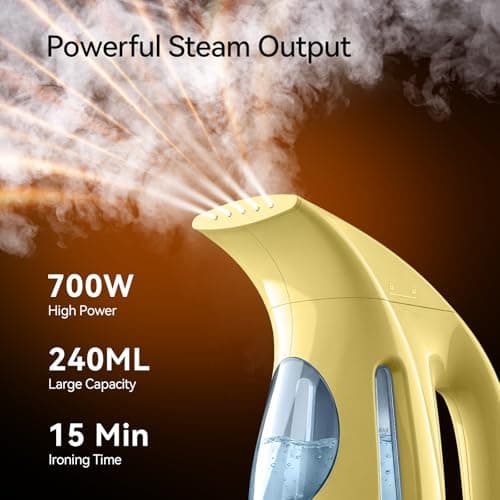 HiLIFE Steamer for Clothes, Portable Handheld Garment Wrinkle Remover, 240ml Big Capacity, 700W, Strong Penetrating Steam, for Home, Office and Travel, ONLY FOR 120V, Pale Lemon