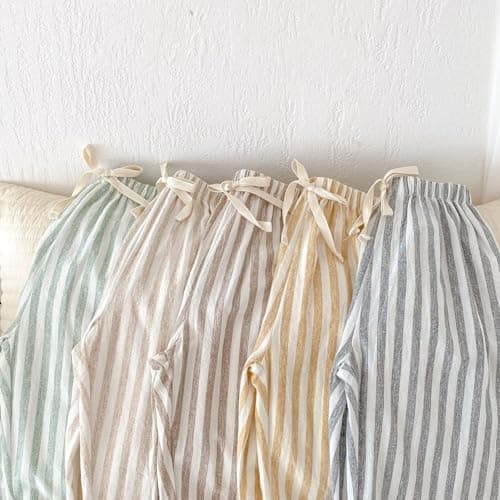 Toddler Boys Cute Striped Pants Baby Girls Baggy Cotton Linen Sweatpants with Drawstring Summer Elastic Waist Barrel Joggers Breathable Lightweight Trousers,Coffee, Size 12-18 Months