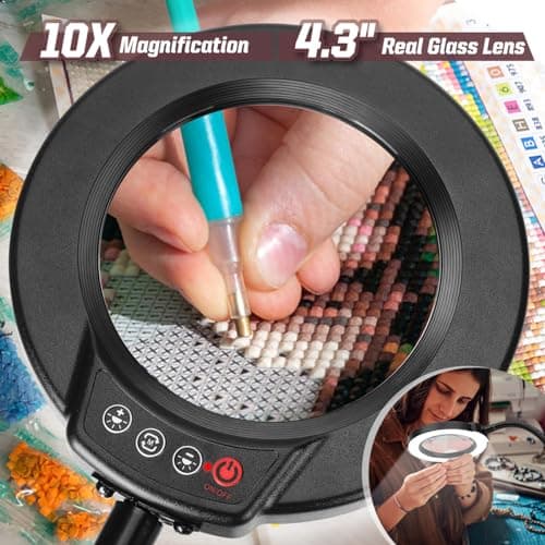 Krstlv 10X Magnifying Glass with Light and Stand, 16.5in Flexible Goose-Neck, 5 Color Modes Stepless Dimmable LED Lighted Desk Lamp, Hands Free Magnifier for Crafting Hobby Painting Close Work - Black — view 2
