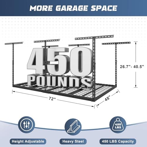 Jusgym 4X6FT Overhead Garage Storage Rack, 26"-40" Height Adjustable Garage Ceiling Storage Racks, Heavy Duty Metal Overhead Storage Organizer System, 450LBS Weight Ca