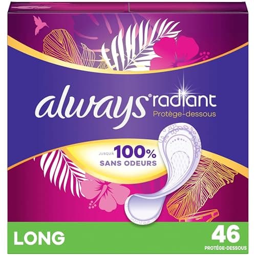 Radiant Daily Liners Light Absorbency, Long Length, Up to 100% Odor Free and Fragrance Free, with Edge-2-Edge Adhesive, 46 Count