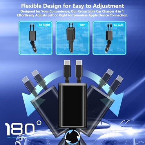 [Apple MFi Certified] Retractable Car Charger, Linocell 120W USB C Car Charger Dynamic Power Adapter 4 in 1 PD/QC Type C Fast Charging Cigarette Lighter for iPhone 17/17 Pro Max/16 Pro/15/Galaxy/Pixel — view 5