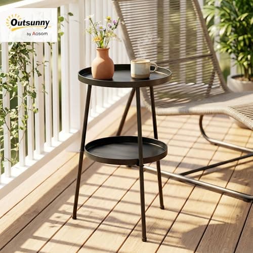 Outsunny Metal Patio Side Table, 2-Tier Round End Table, for Living Room, Bedroom, Garden, Balcony, Black