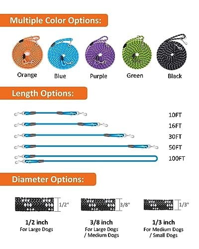 Long Line Leash for Dog Training 10FT 16FT 30FT 50FT 100FT, Reflective Threads Check Cord Dog Lead for Large Medium Small Dogs, Dog Tie-Out Cable for Outside WalkingPlaying, Camping, or kyard — view 2